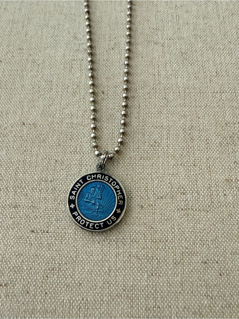 Saint Christopher Blue Medal Necklace for Surfers - Ball chain 16”